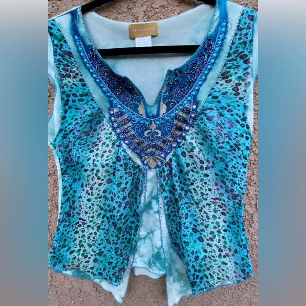SEANDARA Embellished/Beaded TyeDyeTop w/Sheer Layers!